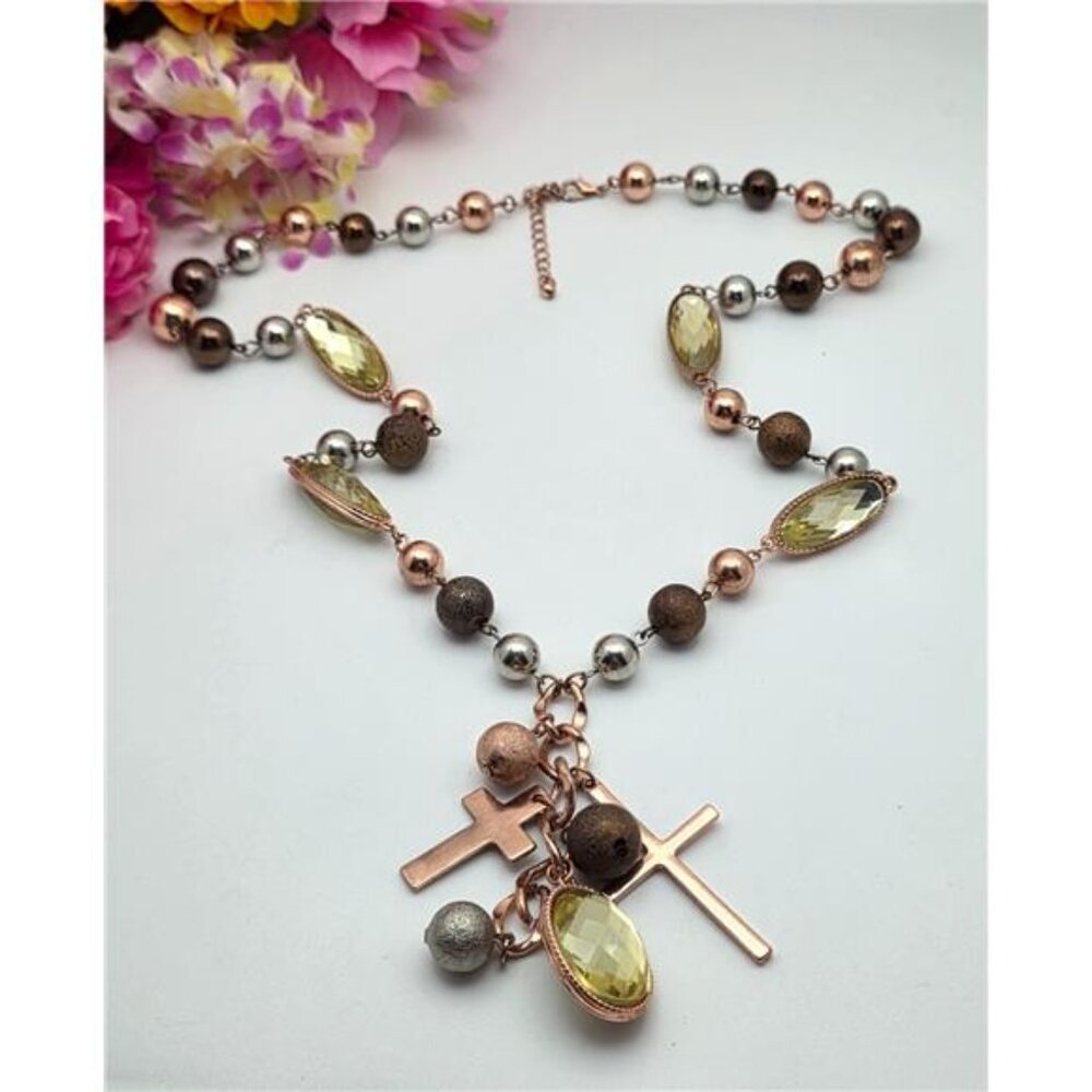 Long Copper Tone Cross Necklace Yellow Crystal Beads Boho 29 In Adj. - Picture 8 of 9